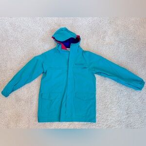 Columbia youth L blue green rainJacket. ZIP & snap front hooded. Good condition